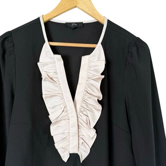 J.Crew Long-Sleeve Ruffle-Front Top‎ in Satin Crepe in Black and Cream, Medium - Picture 2 of 9